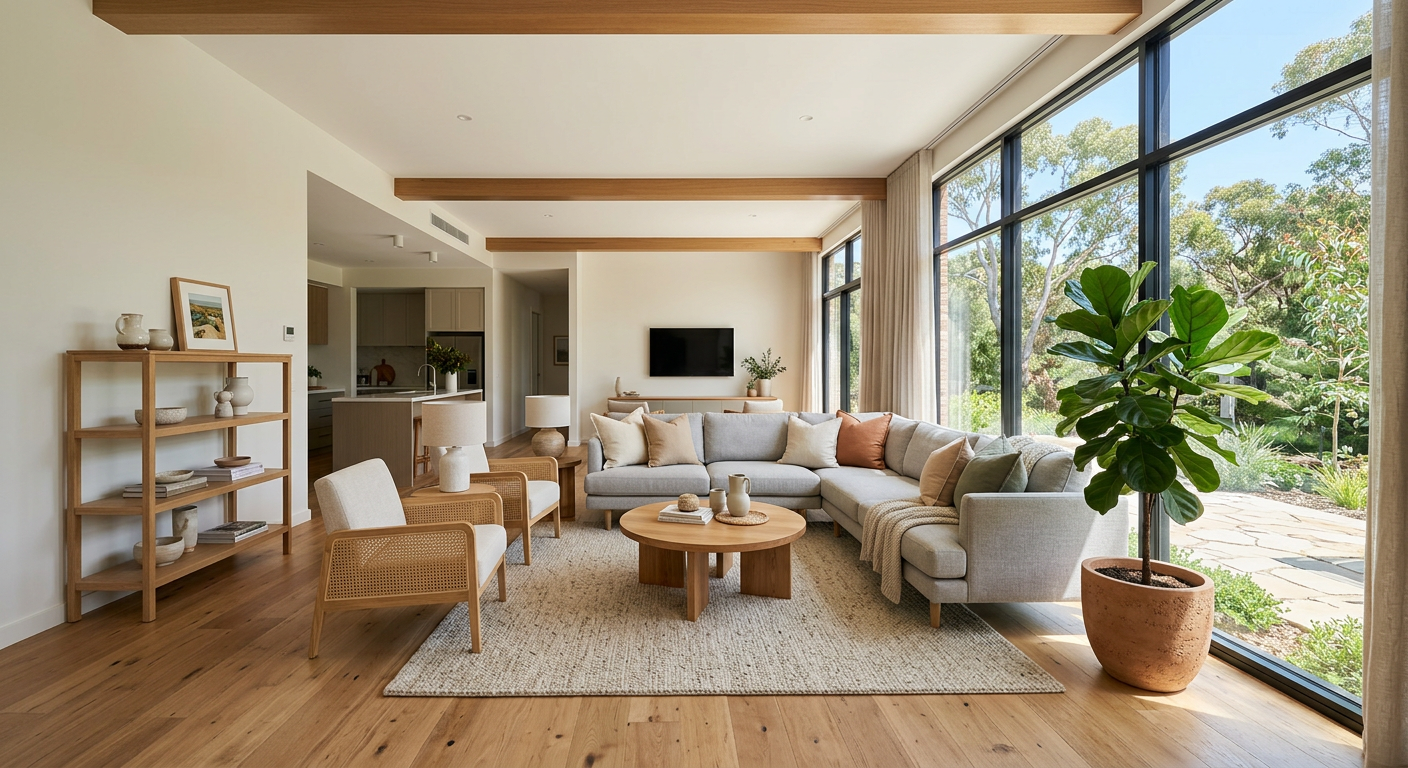 Bright modern living room with large windows and timber floors