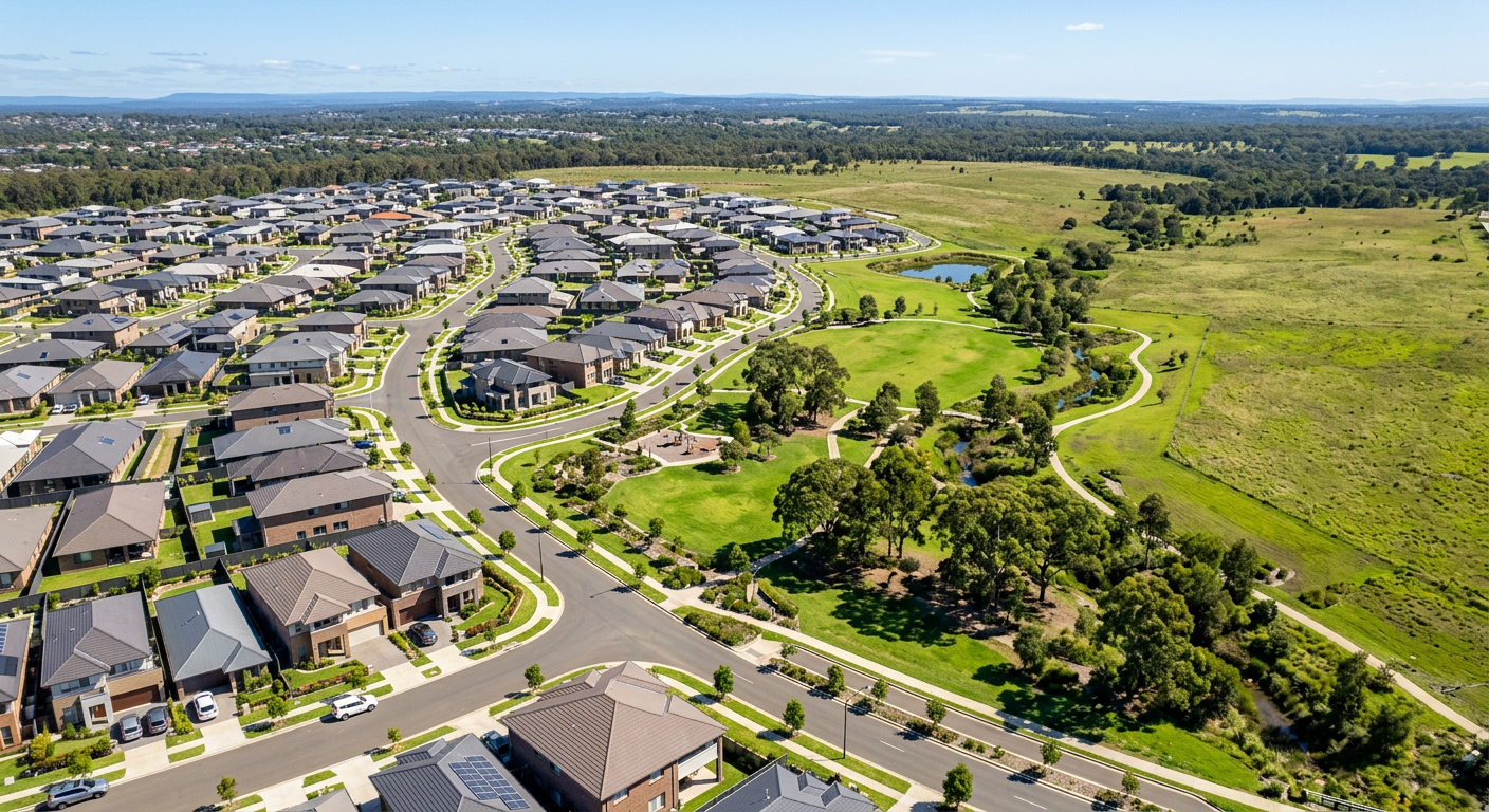 Aerial view of a new housing estate with parkland and open land